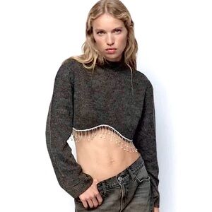 Zara grey cropped rhinestone fringed sweater